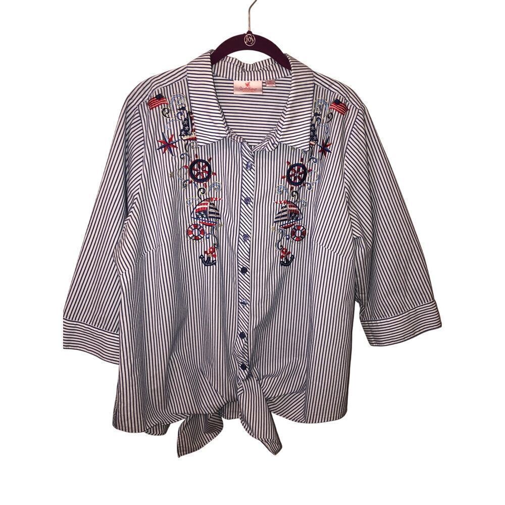 Quacker Factory Shirt Size XL Tie Front Embroidered Blue Nautical Patriotic